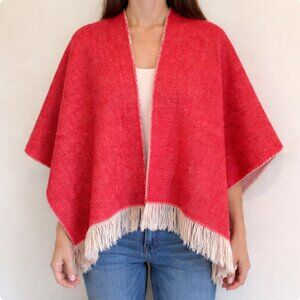 Hand‎ Knit Wool Blanket Poncho Reversible w/ Fringe - OS